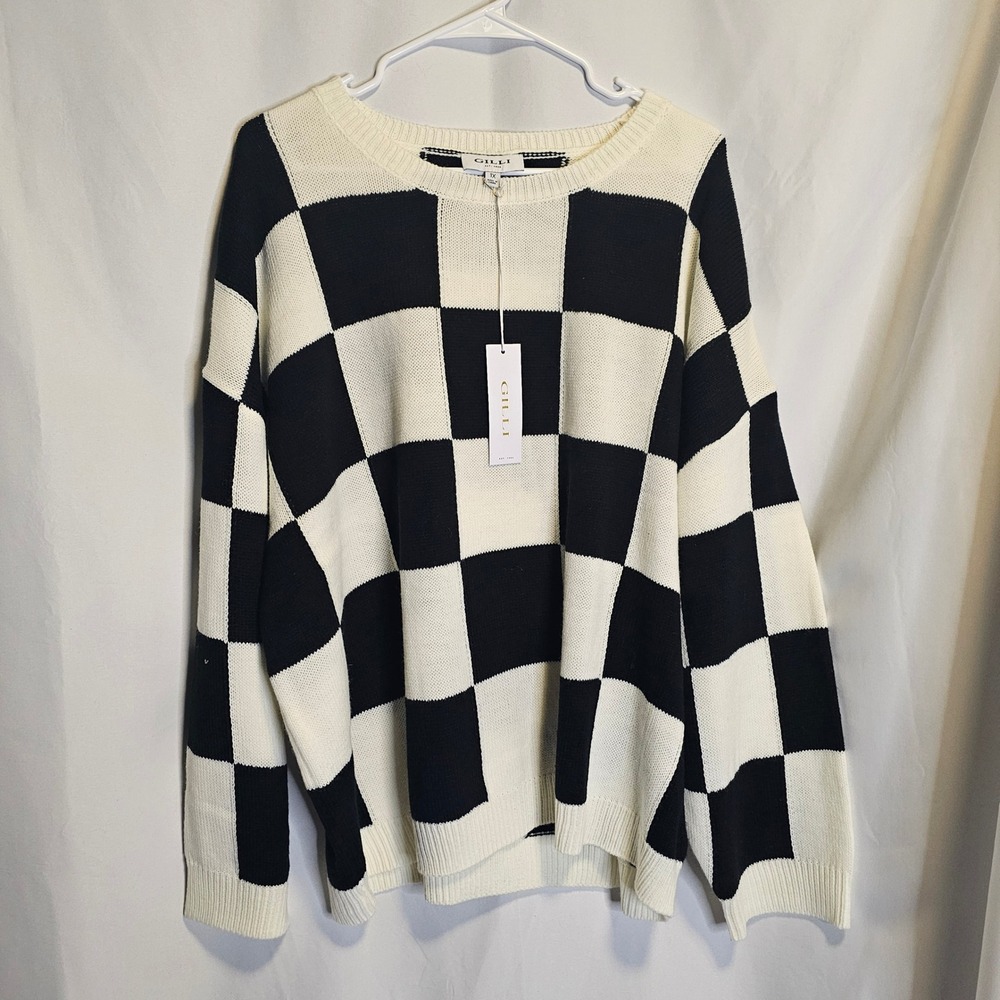 Gilli Womens Black White Checkerboard Crew Neck Knit Sweater XNWT4733G 1X NEW